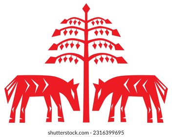 The horses standing under the tree. Ancient motif. Belarusian and ukrainian vycinanka. Folk decoupage simple motives.