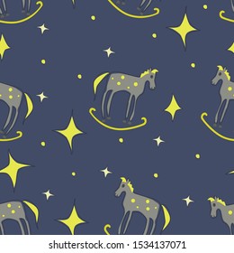 Horses and stars seamless pattern on blue background