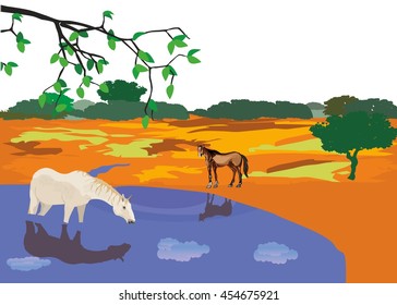 Horses at steppe lake, drinking water, vector illustration