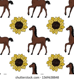 Horses and sunflowers. Seamless pattern. Vector illustration.