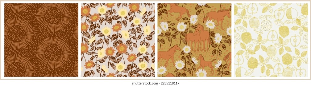 Horses and sunflowers seamless pattern, vector animal and floral collection
