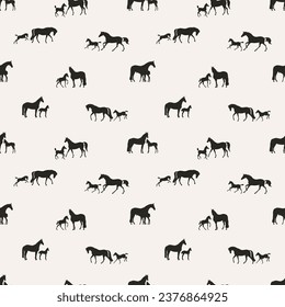 Horses with their foals on a walk, seamless vector pattern