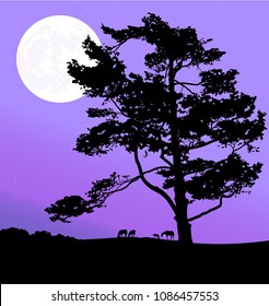 Horses and tree silhouette at dusk with a large moon and sky of purple, pink and blue in background