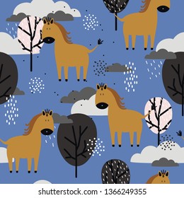 Horses and trees, hand drawn backdrop. Colorful seamless pattern with animals, clouds. Decorative cute wallpaper, good for printing. Overlapping background vector. Design illustration
