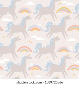 Horses - unicorns, hand drawn backdrop. Colorful seamless pattern with animals, sky. Decorative cute wallpaper, good for printing. Overlapping background vector. Design illustration