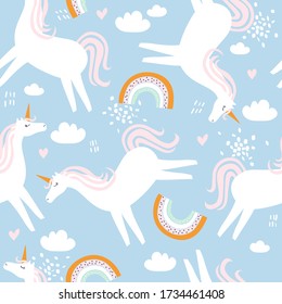 Horses - unicorns, hand drawn backdrop. Colorful seamless pattern with animals, sky. Decorative cute wallpaper, good for printing. Overlapping background vector. Design illustration