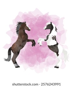 Horses Valentines Day Animal Symbol of Love Postcard Watercolor Vector Illustration