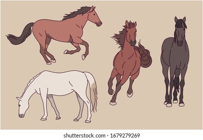 Horses in various poses and colors. hand drawn style vector design illustrations. 