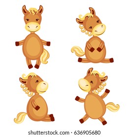 Horses vector set kid cartoon animal pose, domestic cute foal isolated on white background, farmer animals, Character design for greeting card, children invitation, creation of zoo alphabet, printing