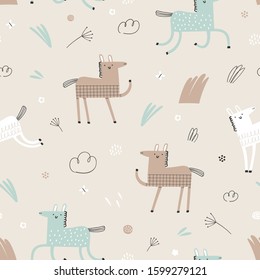 Horses walking in the meadow. Cute seamless pattern. Perfect for kids fabric, textile, nursery wallpaper and holiday wrapper. Vector Illustration.