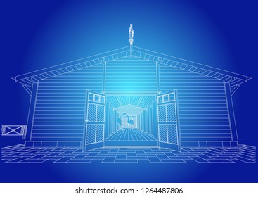 Horses at the wooden stables, decorated with the figure of a wooden horse. Vector.