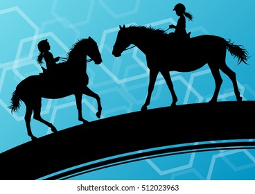 Horses with young children riders healthy active sport vector background concept