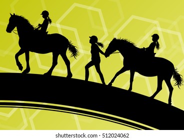 Horses with young children riders healthy active sport vector background concept
