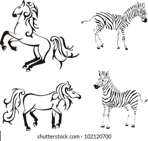 Horses and zebras. Vector set