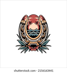 horseshoe and beach tattoo vector design