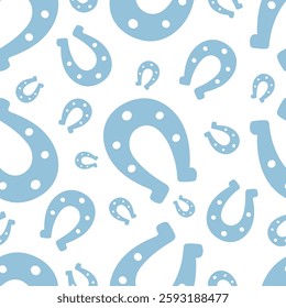 Horseshoe. Blue silhouettes. Symbol of happiness in different sizes. Seamless vector pattern. Endless ornament. Isolated colorless background. St. Patricks Day. Flat style. Idea for web design, cover.