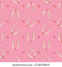 Patrón sin costuras de herradura y arco. Impresión del arte del oeste salvaje con herraduras, corazones y arcos, diseño caprichoso femenino para la materia textil, papel de regalo, Fondo de pantalla. Vector de fondo.