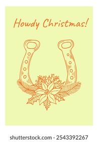 Horseshoe Christmas floral with poinsettia ornament, Western decor. Hand drawn line art vector illustration.