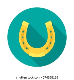 Horseshoe circle icon with long shadow. Flat design style. Horseshoe simple silhouette. Modern, minimalist, round icon in stylish colors. Web site page and mobile app design vector element.
