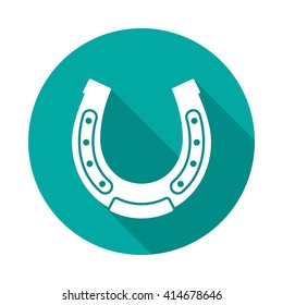 Horseshoe circle icon with long shadow. Flat design style. Horseshoe simple silhouette. Modern, minimalist, round icon in stylish colors. Web site page and mobile app design vector element.