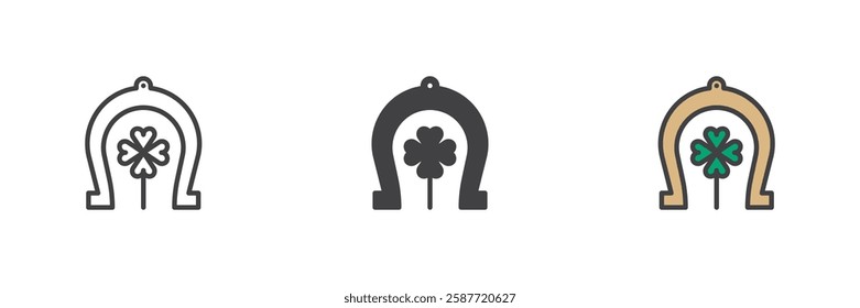 Horseshoe and clover different style icon set. Line, glyph and filled outline colorful version, outline and filled vector sign. Symbol, logo illustration. Vector graphics