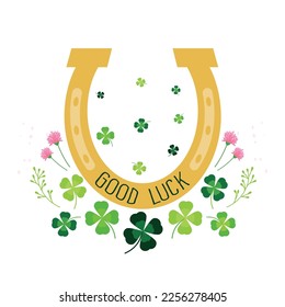Horseshoe with clover leaves, flowers and good luck text.. Symbol of success. 