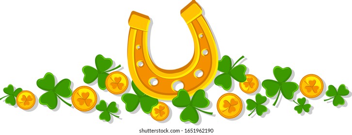 Horseshoe with clover leaves and gold coins on a white isolated. St. Patricks Day