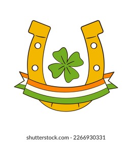 Horseshoe with clover and a ribbon in colors of the Irish flag. St. Patrick's Day. Cartoon. Vector illustration. Isolated on white background
