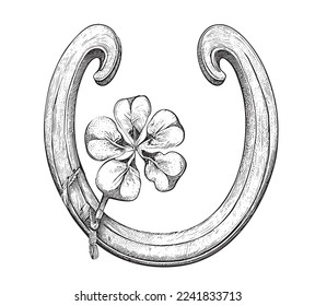 Horseshoe with clover sketch hand drawn in engraving style logo Vector illustration.