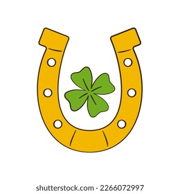 Horseshoe and clover. St. Patrick's Day greeting card. Cartoon. Vector illustration. Isolated on white background	