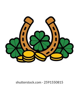 Horseshoe with Clovers and Gold Coins Illustration