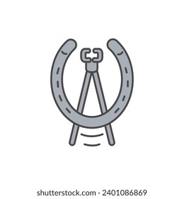 Horseshoe colored flat icon and nail pulling tool of blacksmith isolated on white background.