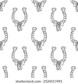 Horseshoe with coquette bows black outline seamless pattern. Western illustration.