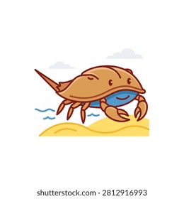 A horseshoe crab moving across a sandy beach in a natural habitat.