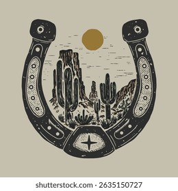 horseshoe desert cactus land sunset badge illustration vintage wild land design