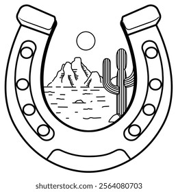 Horseshoe with desert landscape line art illustration.