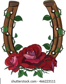 Horseshoe entwined with roses, isolated on white, vector illustration, eps-10