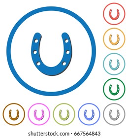 Horseshoe flat color vector icons with shadows in round outlines on white background