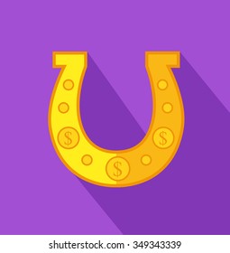 Horseshoe flat design on background. Horseshoe game, horseshoe vector, lucky and steel, metal talisman, luck fortune, iron foot amulet, gold metallic illustration