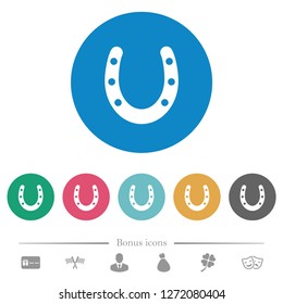 Horseshoe flat white icons on round color backgrounds. 6 bonus icons included.
