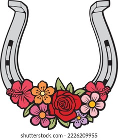 Horseshoe with Flowers Color (Floral Design). Vector Illustration.