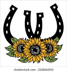 Horseshoe flowers decoration. Vector two horseshoes sunflowers decor isolated on white for wedding, for design, for invitation.