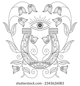 Horseshoe and flowers hand drawn for adult coloring book