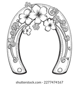 Horseshoe with flowers hand drawn sketch illustration, Symbol of good luck