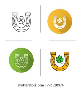 Horseshoe and four leaf clover icon. Flat design, linear and color styles. Symbols of success and good luck. Isolated vector illustrations