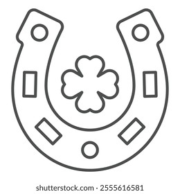 Horseshoe with a four leaf clover isometric icon, saint Patrick day concept. Vector graphics. Horse shoe for luck sign on white background, outline style icon for mobile or web design