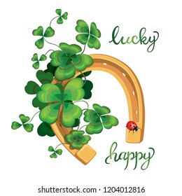 horseshoe and four leaf clover and ladybug for luck and happiness, vector illustration isolated on white background