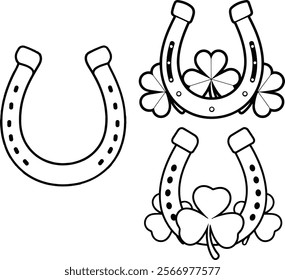 Horseshoe and four leaf clover linear icon vector