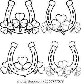 Horseshoe and four leaf clover linear icon vector