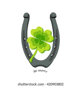 Horseshoe and four leaf clover - lucky symbol, be happy. Vector illustration